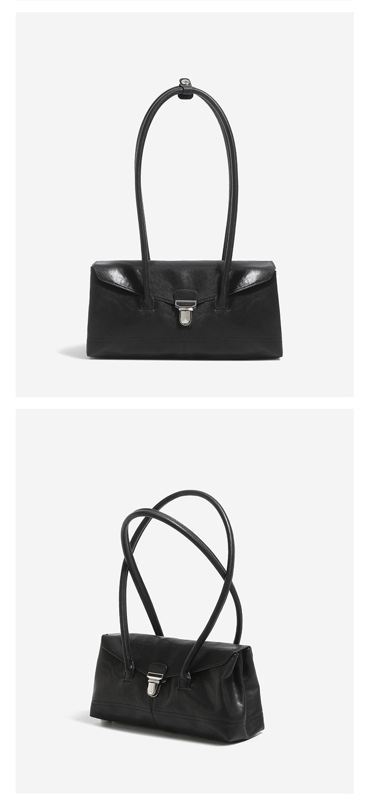 Compact structured rectangular flap shoulder bag with silver-tone turn-lock clasp and long rounded handles, detail view 13