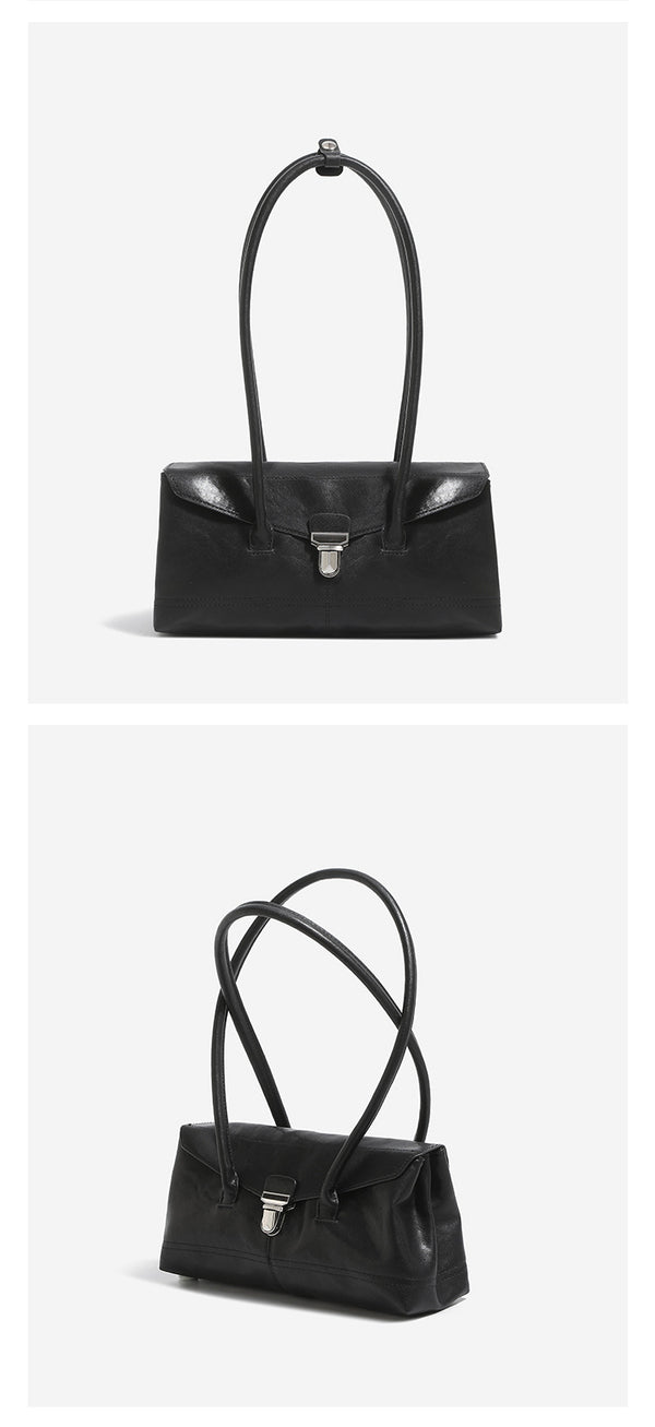 Compact structured rectangular flap shoulder bag with silver-tone turn-lock clasp and long rounded handles, detail view 13