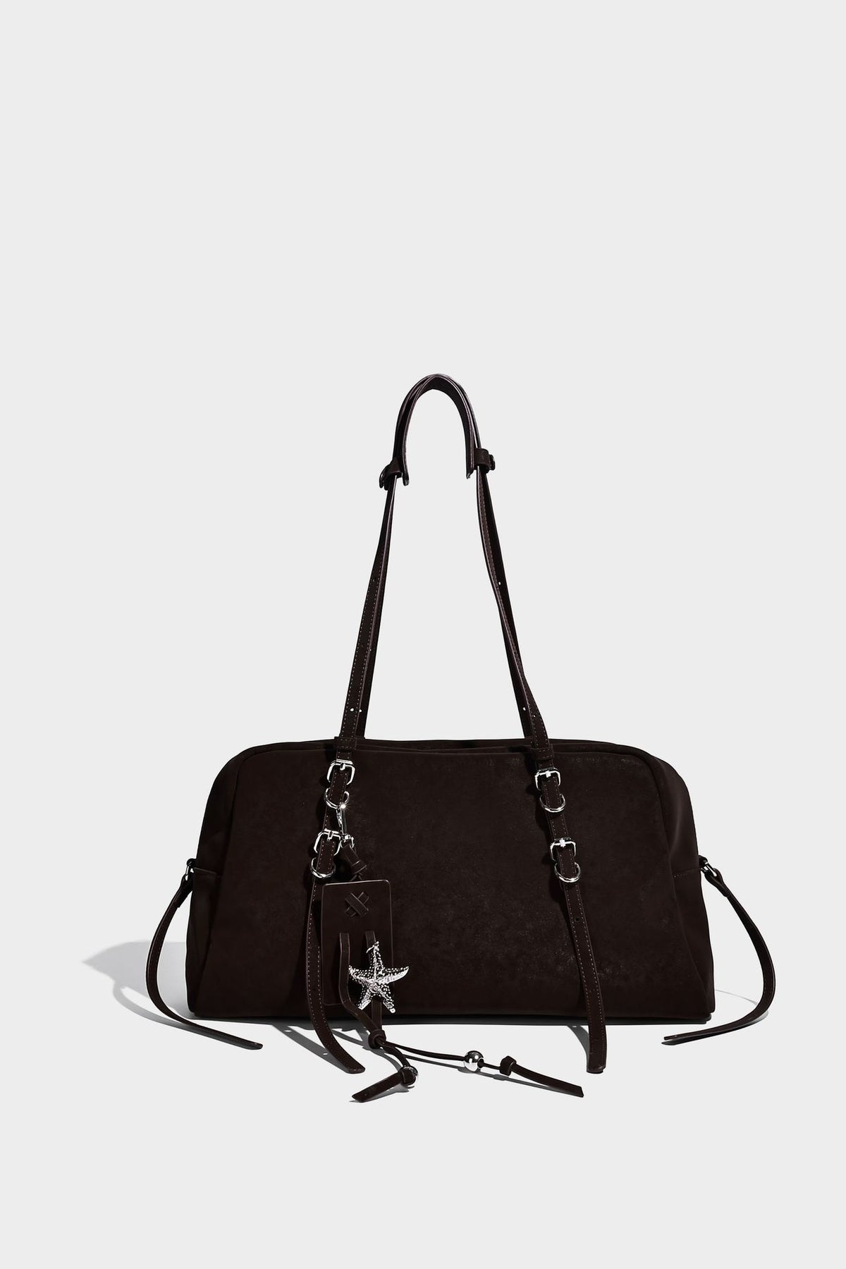 Structured rectangular matte suede-like shoulder bag with silver-tone hardware, zip closure, double top handles, and, detail