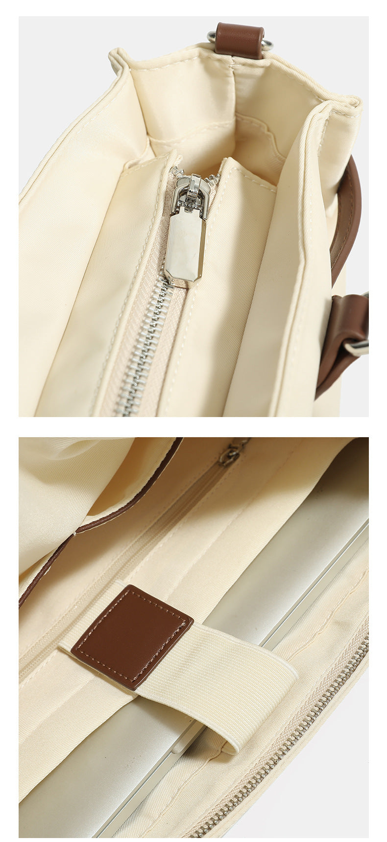 Strukturierte wandelbare Tote-Bag aus mattem Nylon mit Besatz in brauner Lederoptik, Schnallendetail und Metallbeschlägen in Silberoptik