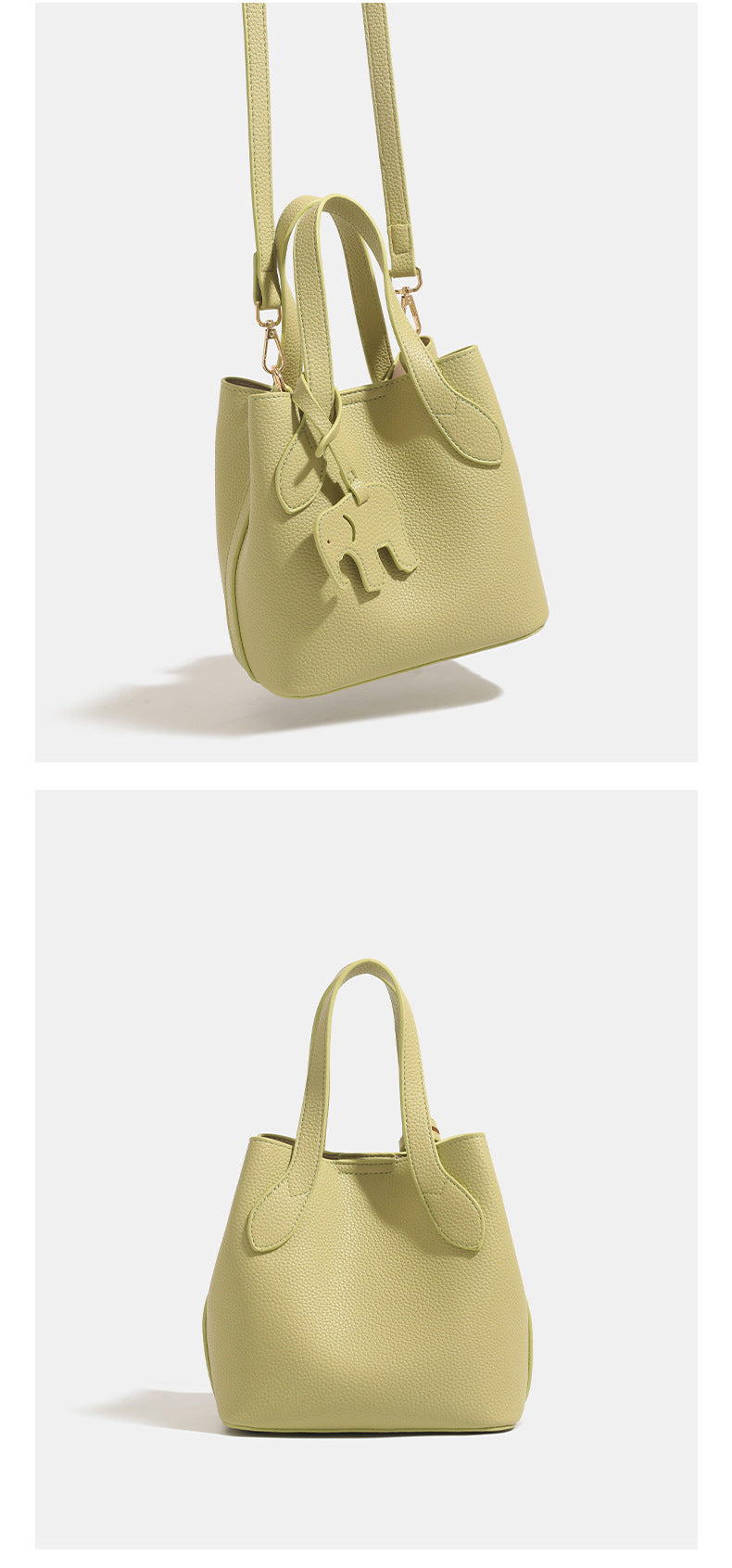 Pebbled leather-look bucket tote with elephant charm pendant, dual top handles, and detachable shoulder strap, detail view 13