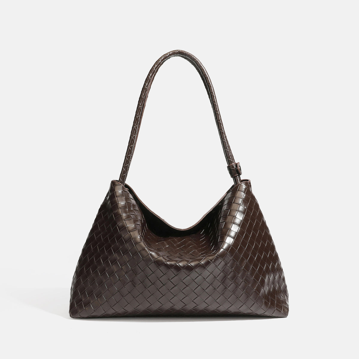 Slouchy woven leather-look hobo shoulder bag with braided strap and open top, front view