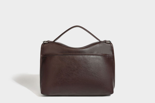 Structured rectangular satchel bag in dark espresso brown with smooth leather-look finish, flap front with silver turn-lock
