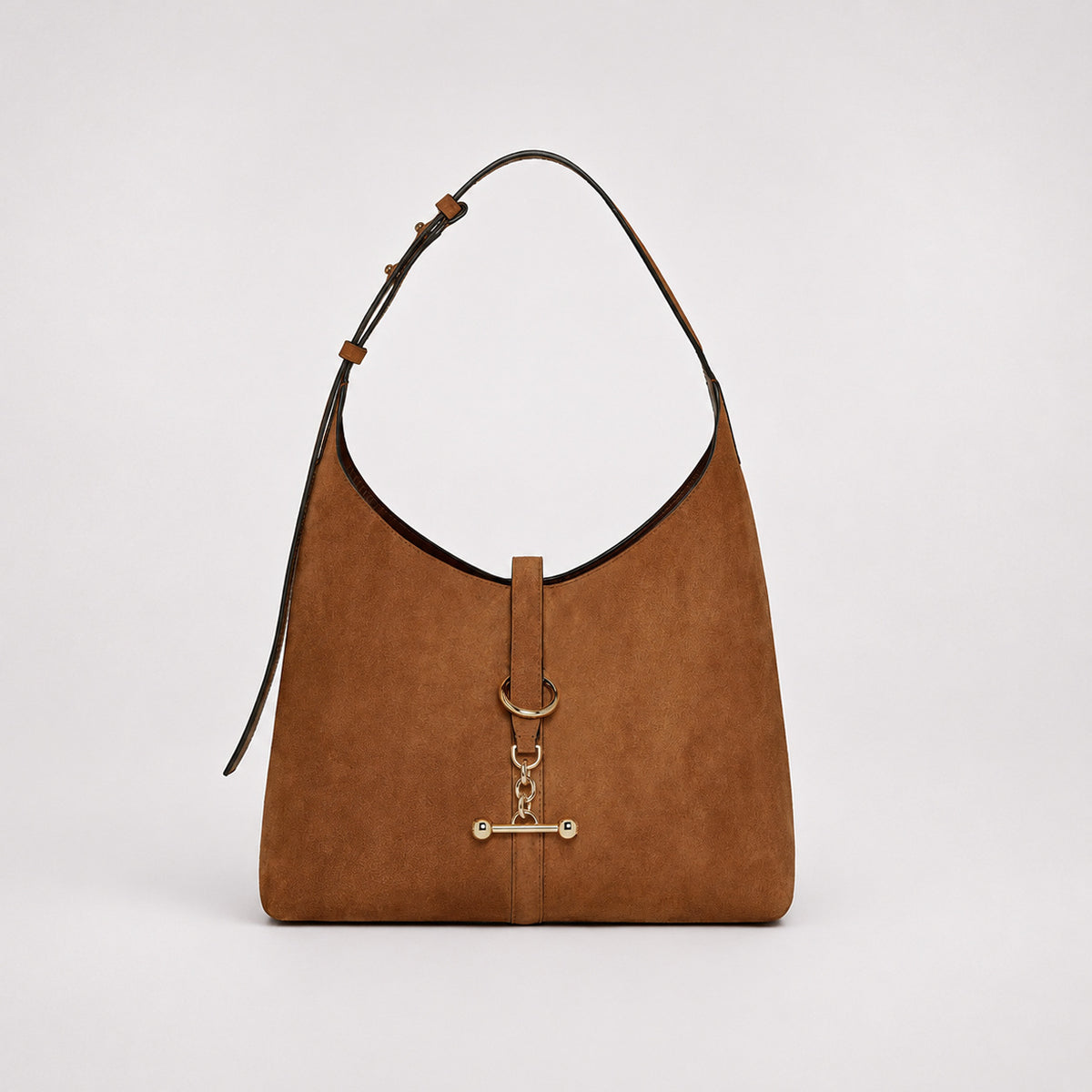 Slouchy hobo shoulder bag with gold-tone toggle ring hardware and adjustable strap, detail view 6