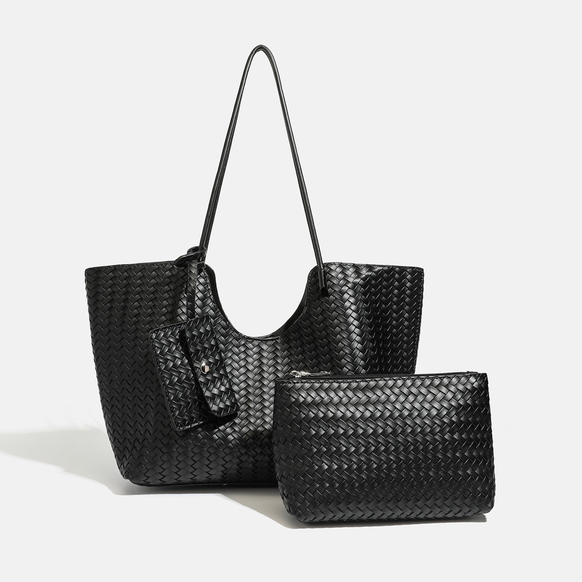 Braune, gewebte Tote-Bag aus Lederoptik mit offenem Design, langen Schulterriemen und passender Reißverschlusstasche, Detailansicht 8