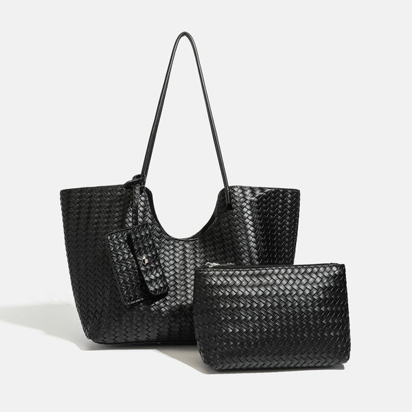 Braune, gewebte Tote-Bag aus Lederoptik mit offenem Design, langen Schulterriemen und passender Reißverschlusstasche, Detailansicht 8