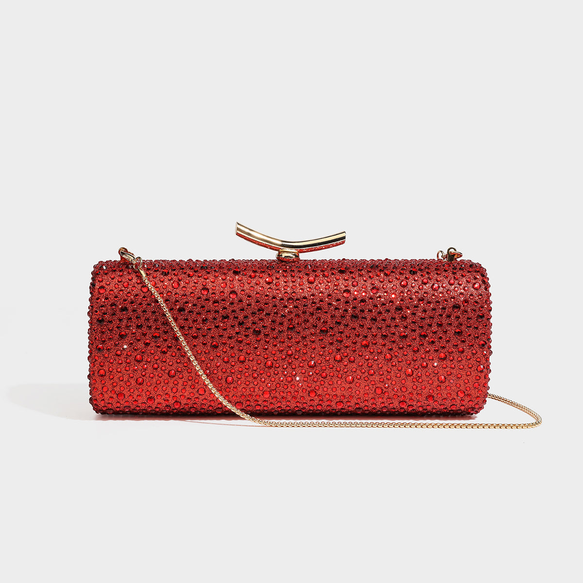 Structured rectangular hard-case clutch bag covered in all-over rhinestone crystal embellishment with curved kiss-lock top