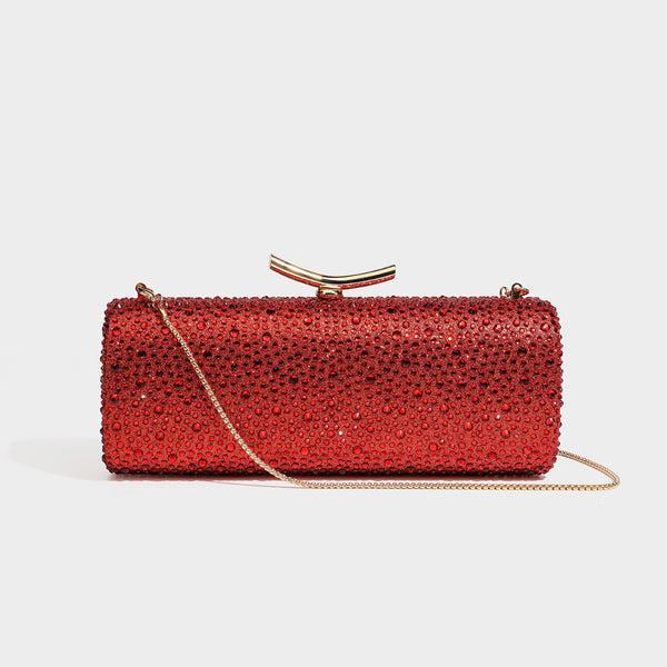 Structured rectangular hard-case clutch bag covered in all-over rhinestone crystal embellishment with curved kiss-lock top