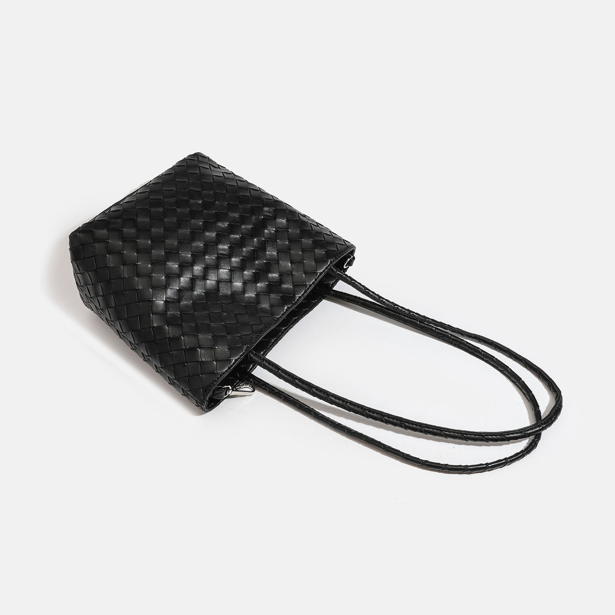 Glossy basket-weave leather-look shoulder tote bag with long braided straps and open top, detail view 4