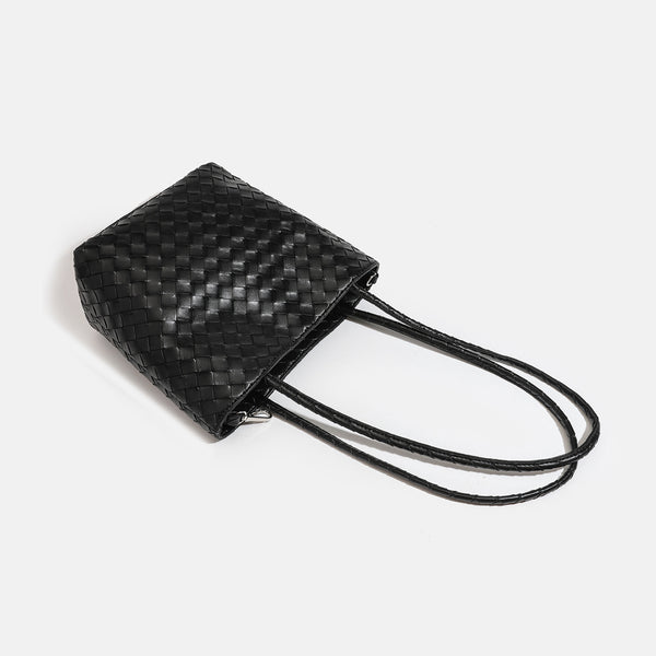 Glossy basket-weave leather-look shoulder tote bag with long braided straps and open top, detail view 4