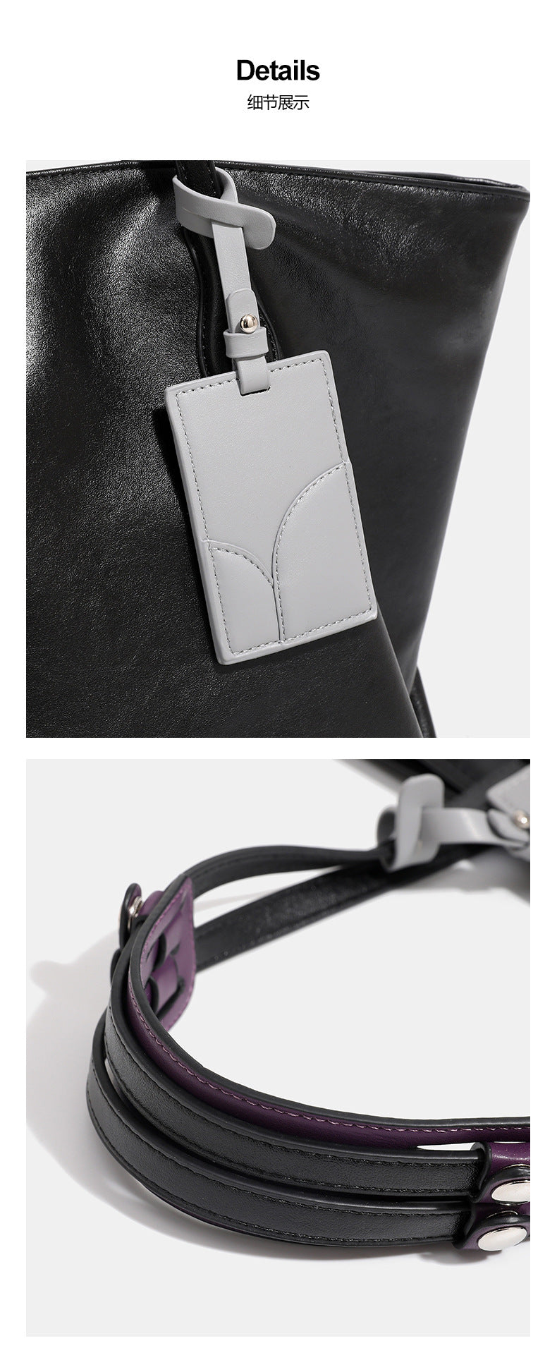 Large soft trapezoid tote bag with leather-look finish, dual shoulder straps, and gray hanging card tag, detail view 13