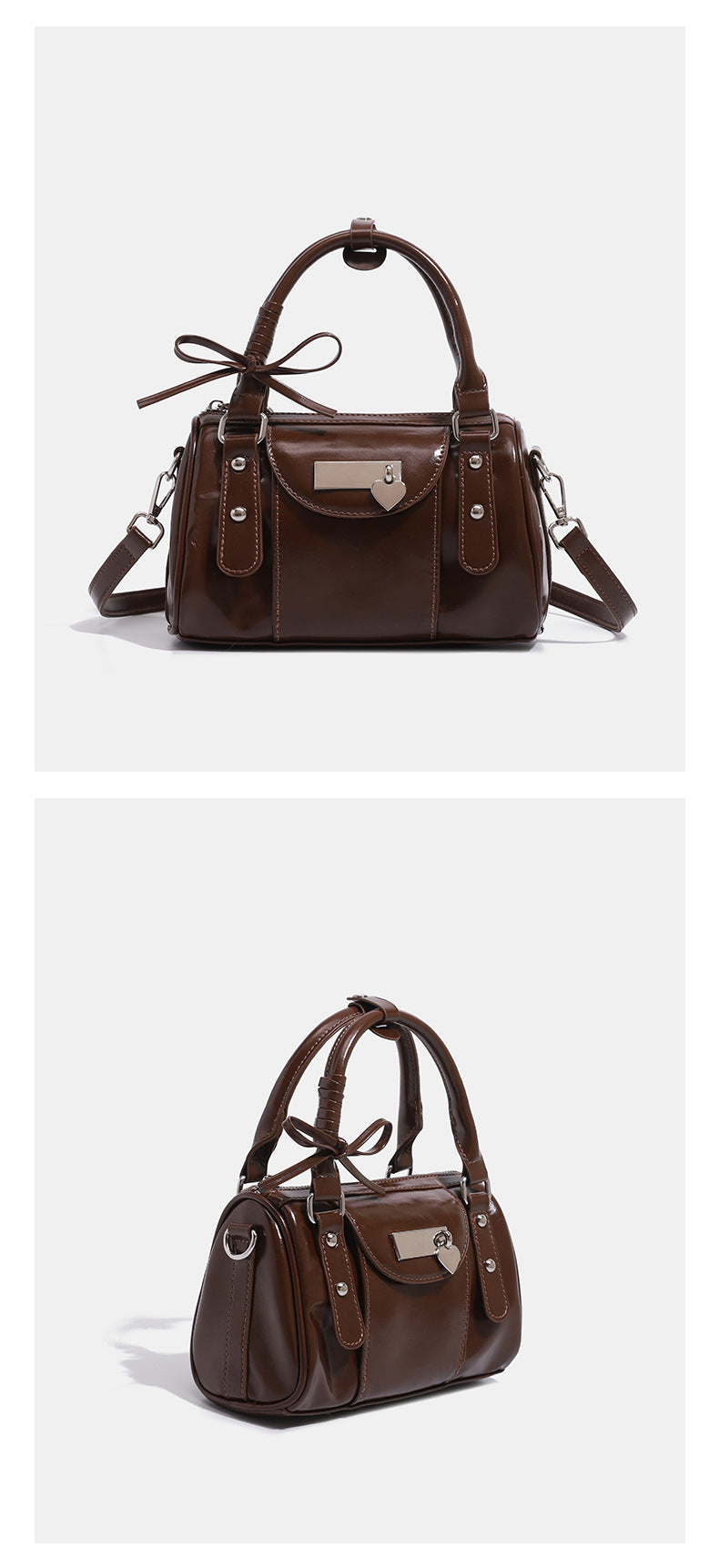Kleine, formstabile Glanzledertasche mit zwei Henkeln, vorderer Klappentasche, herzförmigem Charm-Verschluss und silberfarbenem