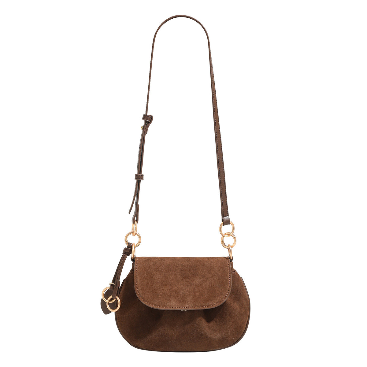 Small rounded flap crossbody saddle bag with gold-tone ring hardware and adjustable strap, detail view 5