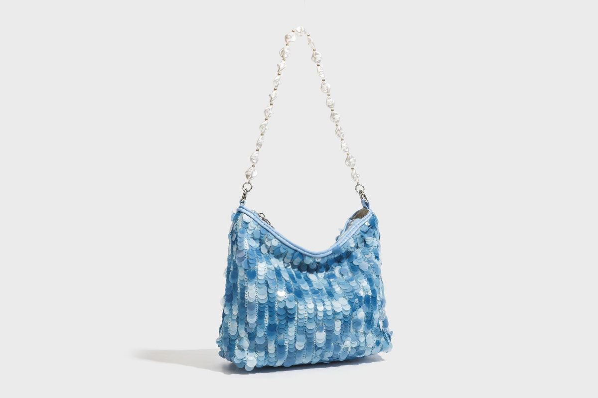 Small crescent sequin shoulder bag with pearl beaded strap and zip closure, detail view 37
