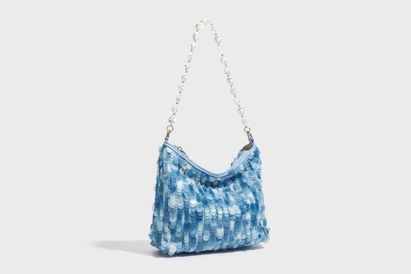 Small crescent sequin shoulder bag with pearl beaded strap and zip closure, detail view 37