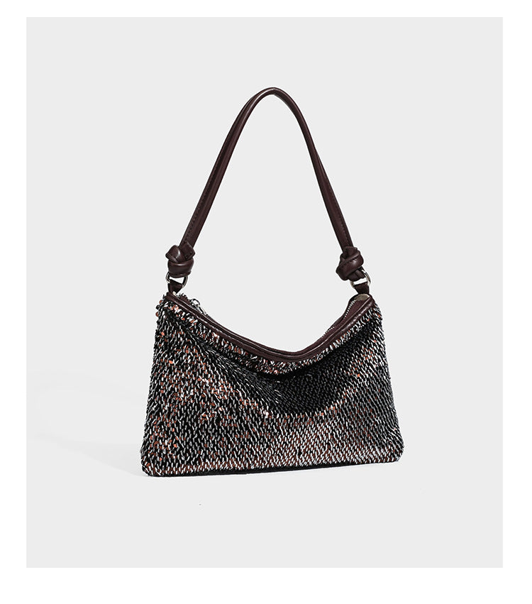 Small sequin hobo shoulder bag with knotted strap and zip closure, detail view 19