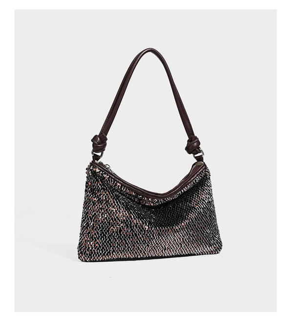 Small sequin hobo shoulder bag with knotted strap and zip closure, detail view 19