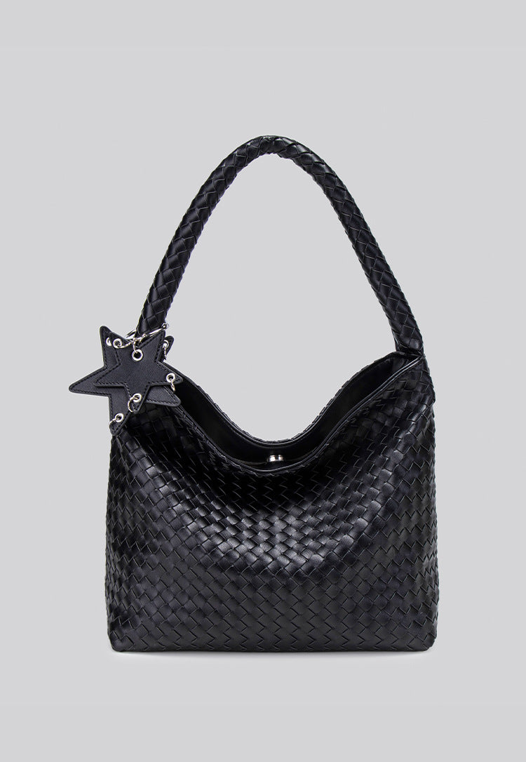Large woven leather-look hobo shoulder bag with braided strap and star charm, detail view 16