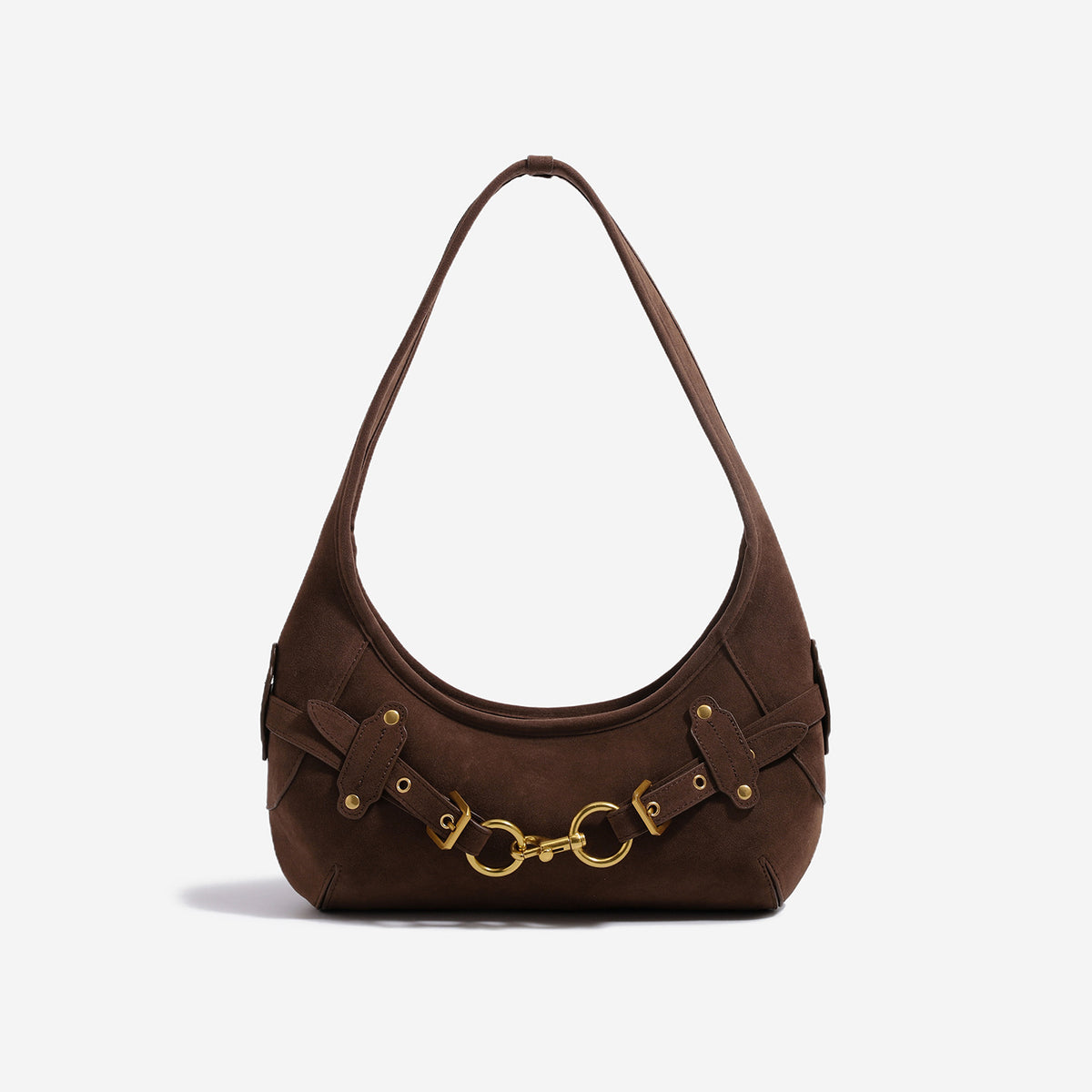 Slouchy hobo shoulder bag with gold-tone ring-and-buckle front hardware, zip top closure, and matte textured finish, detail