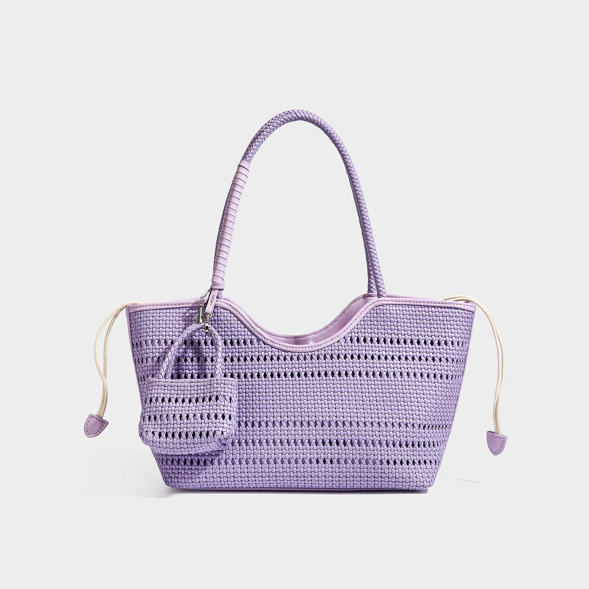 Dunkelbraune gewebte Tote-Tasche in Lederoptik mit geflochtenen Henkeln, Kordelzugverschluss und befestigtem gewebtem Mini-Etui, Detailansicht 8