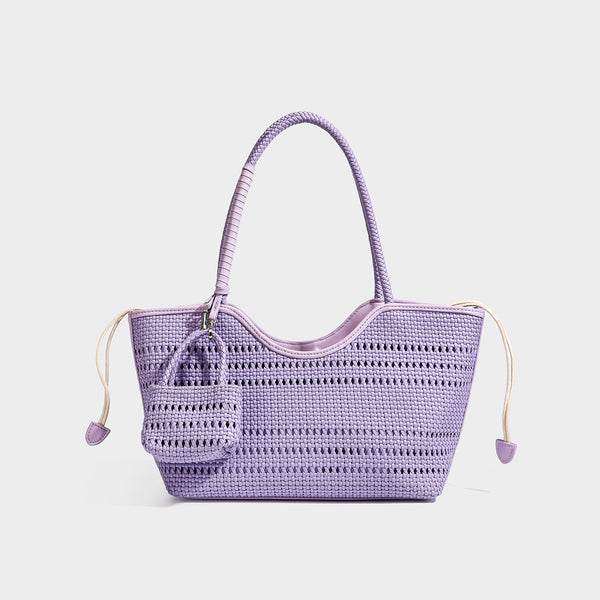 Dunkelbraune gewebte Tote-Tasche in Lederoptik mit geflochtenen Henkeln, Kordelzugverschluss und befestigtem gewebtem Mini-Etui, Detailansicht 8