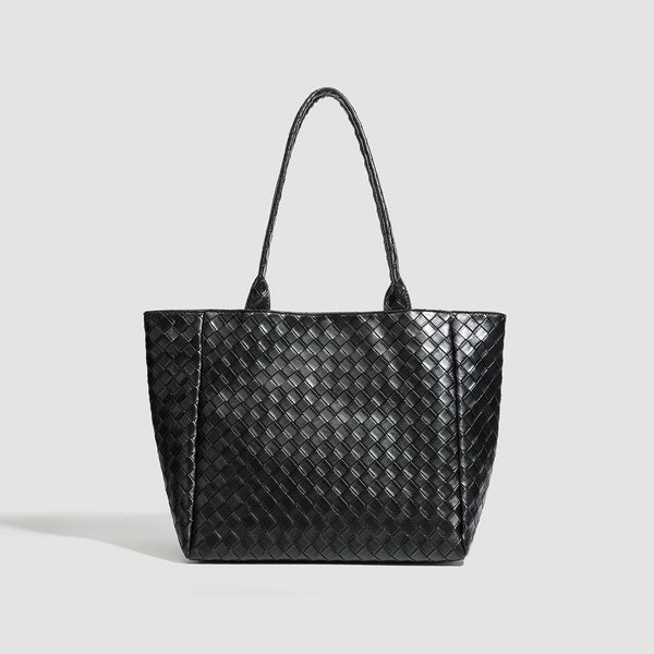 Large structured black woven diamond-pattern tote bag with braided double shoulder straps and glossy leather-look finish