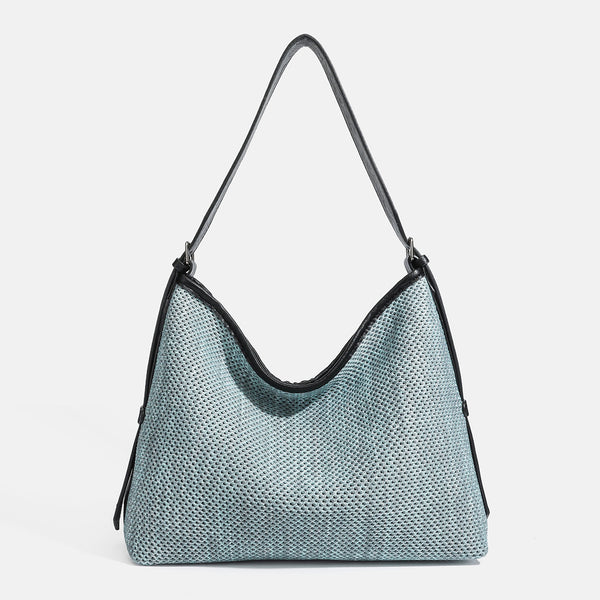 Large slouchy woven shoulder bag with dark brown leather-look trim and adjustable strap, detail view 8