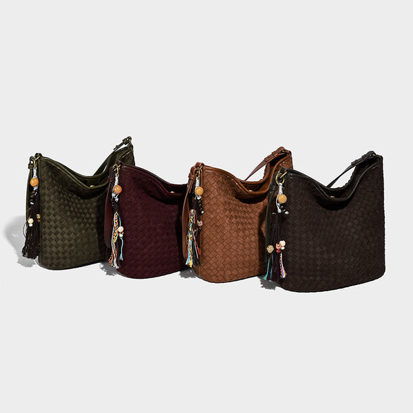 Dark chocolate woven texture hobo shoulder bag with multicolor tassel-and-bead charm and long adjustable strap, detail view 2