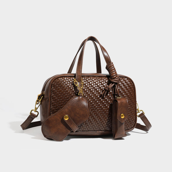 Strukturierte, rechteckige Satchel-Bag mit geflochtenem Frontpanel in Lederoptik, goldfarbenen Beschlägen, zwei Tragegriffen und abnehmbarem