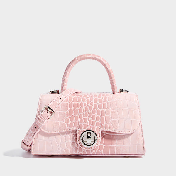Mini croc-embossed glossy structured handbag with silver-tone turn-lock clasp and short top handle, detail view 6