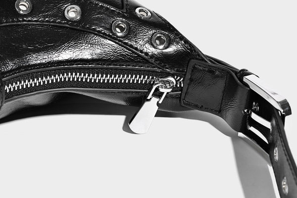 Glossy crescent hobo bag with silver-tone grommets, square buckle straps, and top zipper closure, detail view 22