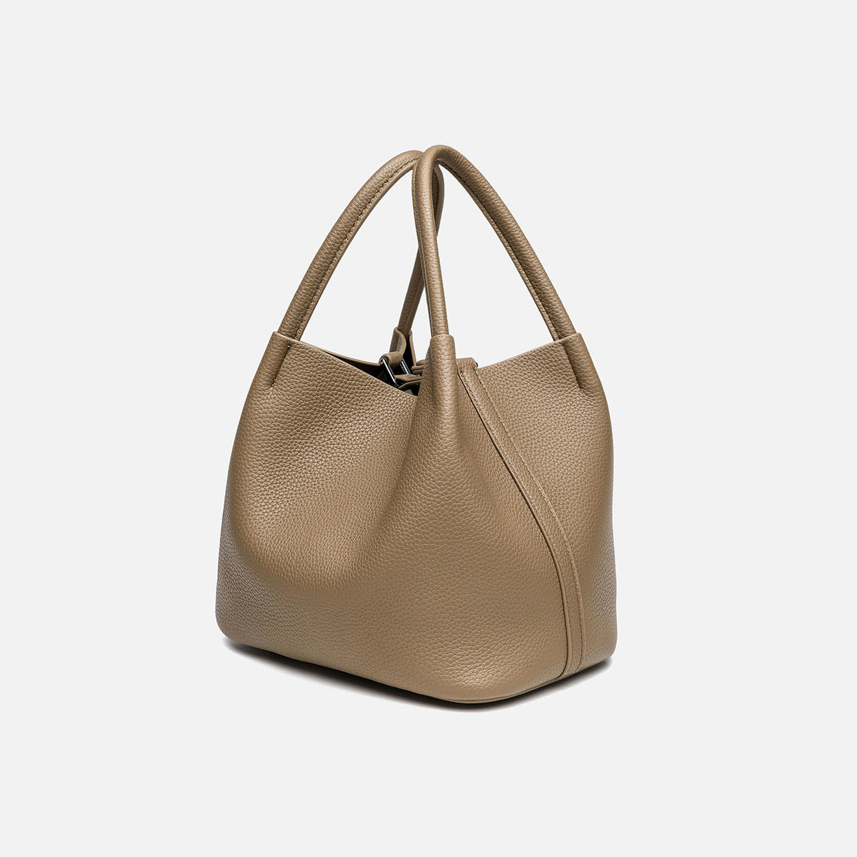 Pebbled leather-look bucket tote bag with rounded top handles and detachable shoulder strap, detail view 4