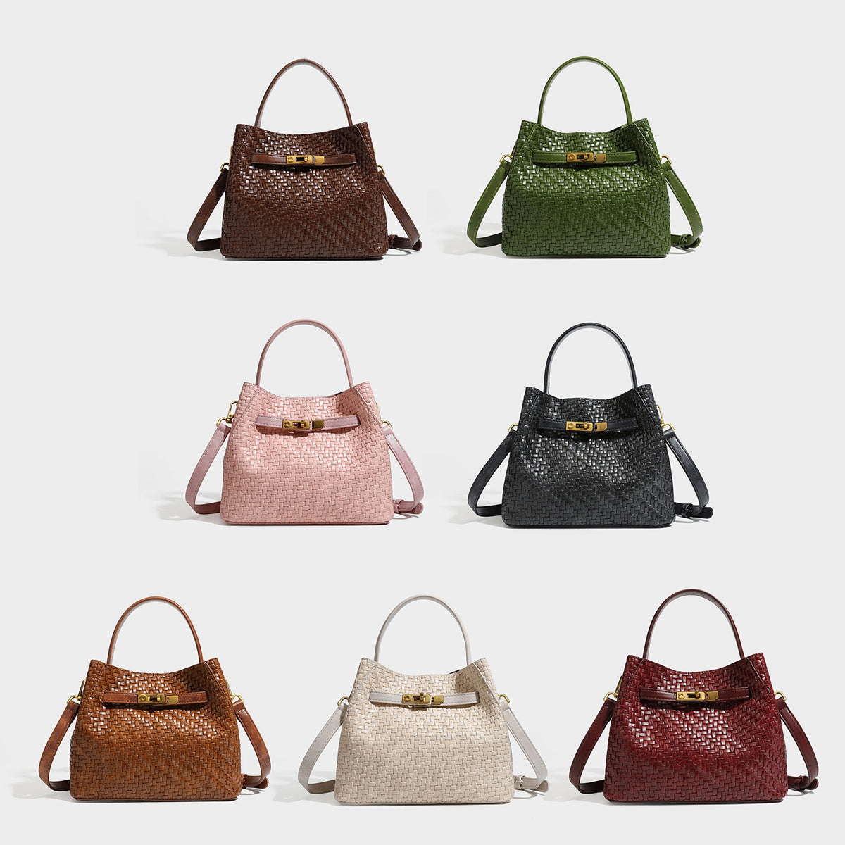 Structured woven leather-look bucket bag with gold-tone turn-lock hardware and detachable shoulder strap, detail view 2