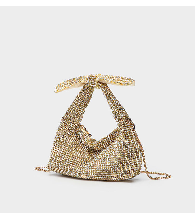 Schultertasche mit rundum besetzter Kristall-Strass-Schleife, Kettenriemen und Reißverschluss, Detailansicht 14