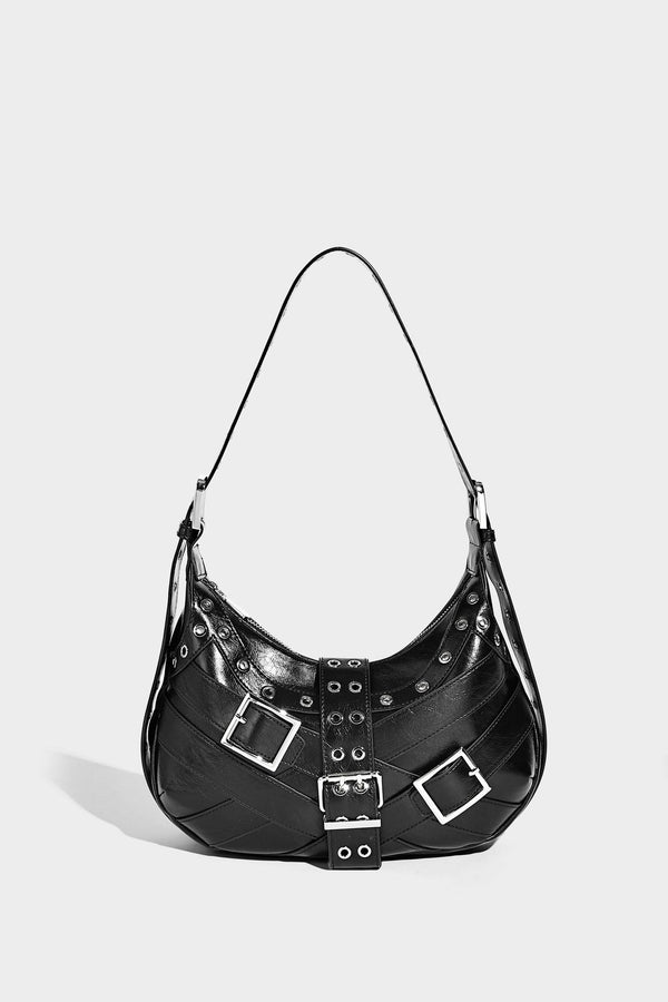 Glossy crescent hobo bag with silver-tone grommets, square buckle straps, and top zipper closure, detail view 16