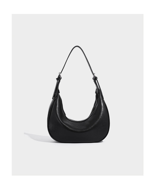Crescent half-moon shoulder bag in pebbled leather-look finish with adjustable strap and silver-tone hardware, detail view 10