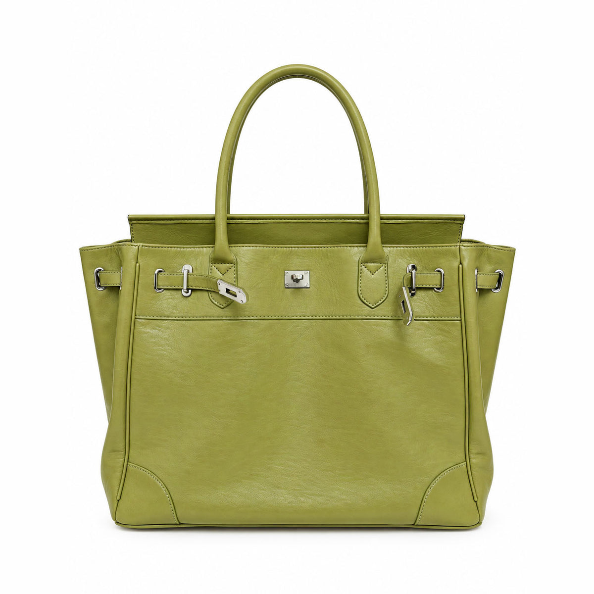 Large structured tote bag with turn-lock closure, silver-tone buckle hardware, and twin rolled handles, detail view 6