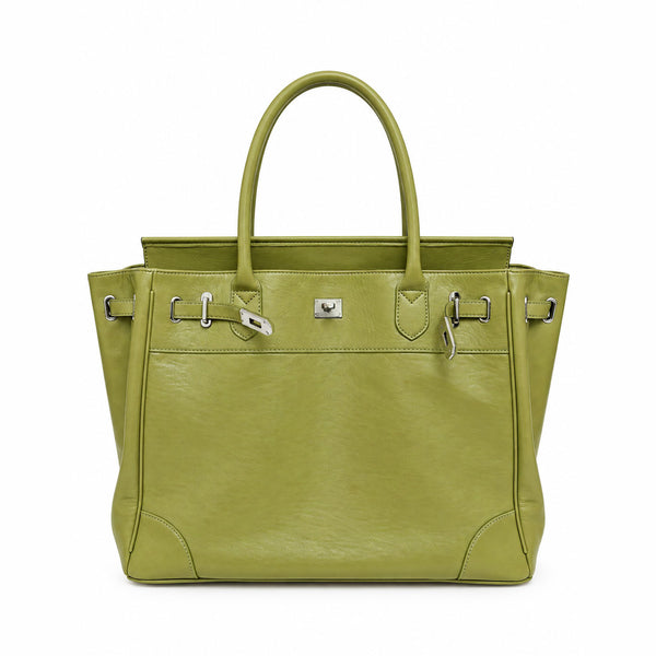 Large structured tote bag with turn-lock closure, silver-tone buckle hardware, and twin rolled handles, detail view 6
