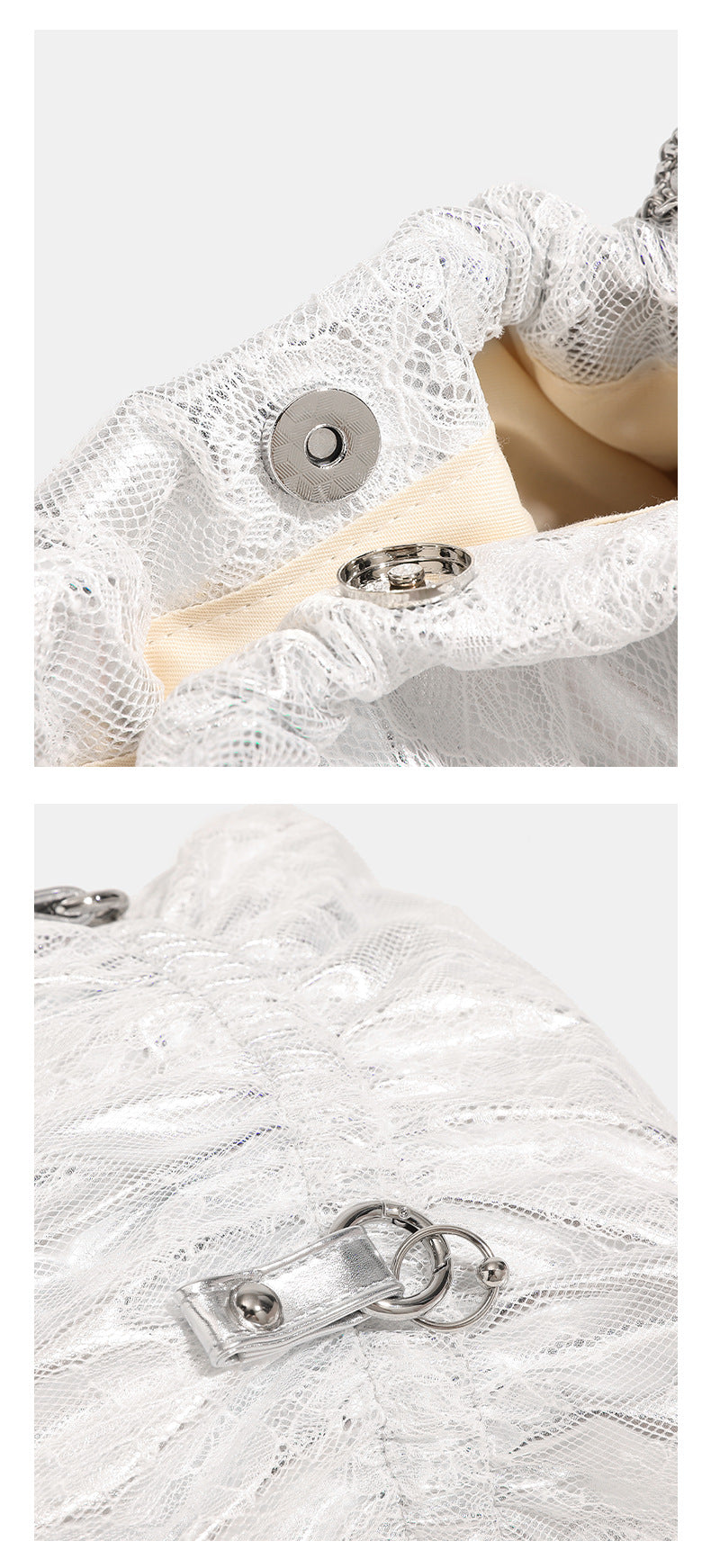 Slouchy lace-texture bucket bag with silver-tone chain strap, draped chain hardware, and shell charms, detail view 14