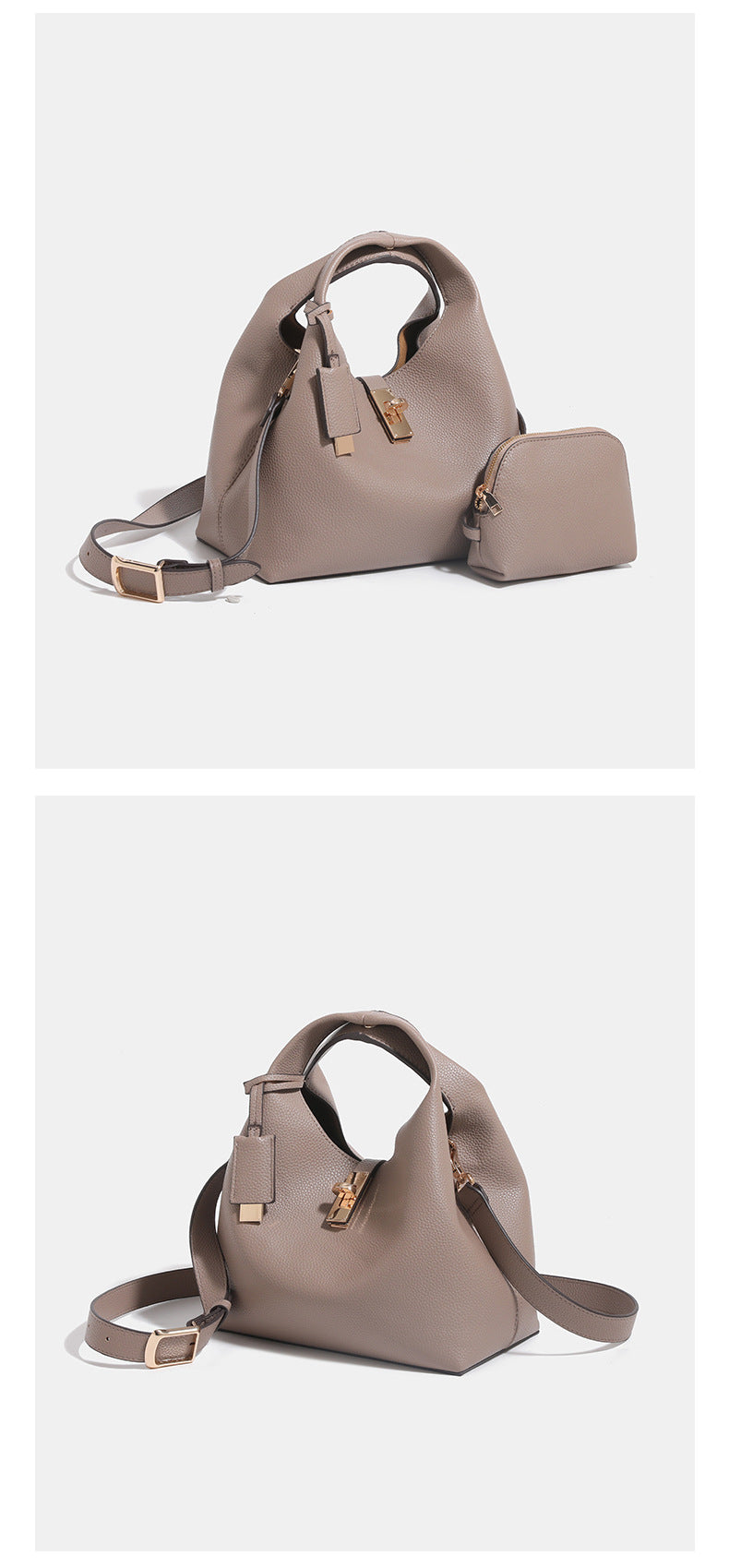 Structured pebbled leather-look bucket bag with gold-tone turn-lock clasp and looped top handle, detail view 12