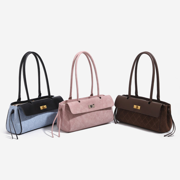 Structured rectangular baguette shoulder bag with diamond quilted lower panel, smooth flap, gold-tone turn-lock closure