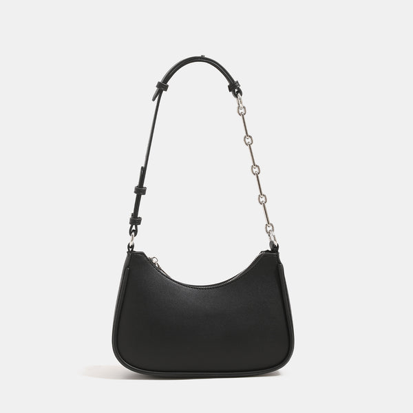 Compact crescent half-moon shoulder bag with chain-and-leather adjustable strap and silver-tone hardware, front view