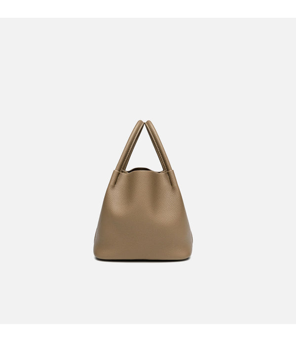 Pebbled leather-look bucket tote bag with rounded top handles and detachable shoulder strap, detail view 11
