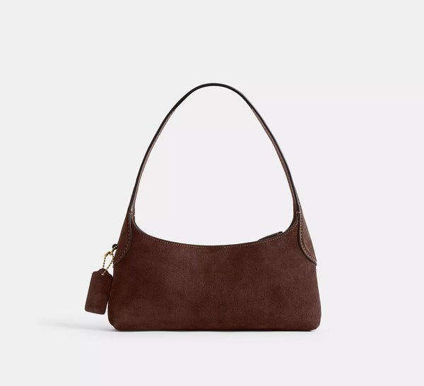 Slim crescent-silhouette shoulder bag in chocolate brown suede-look finish with contrast topstitching, top zip closure, thin