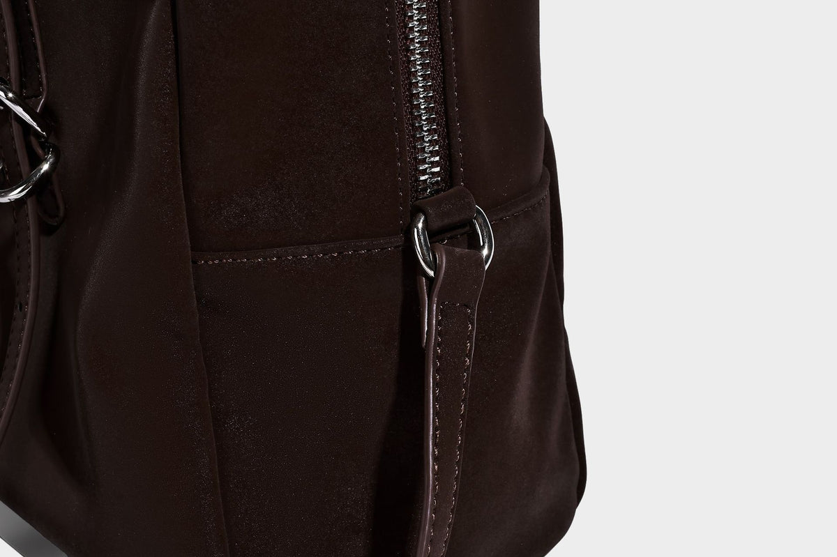 Structured rectangular matte suede-like shoulder bag with silver-tone hardware, zip closure, double top handles, and, detail