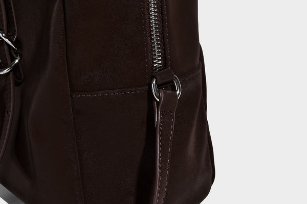 Structured rectangular matte suede-like shoulder bag with silver-tone hardware, zip closure, double top handles, and, detail