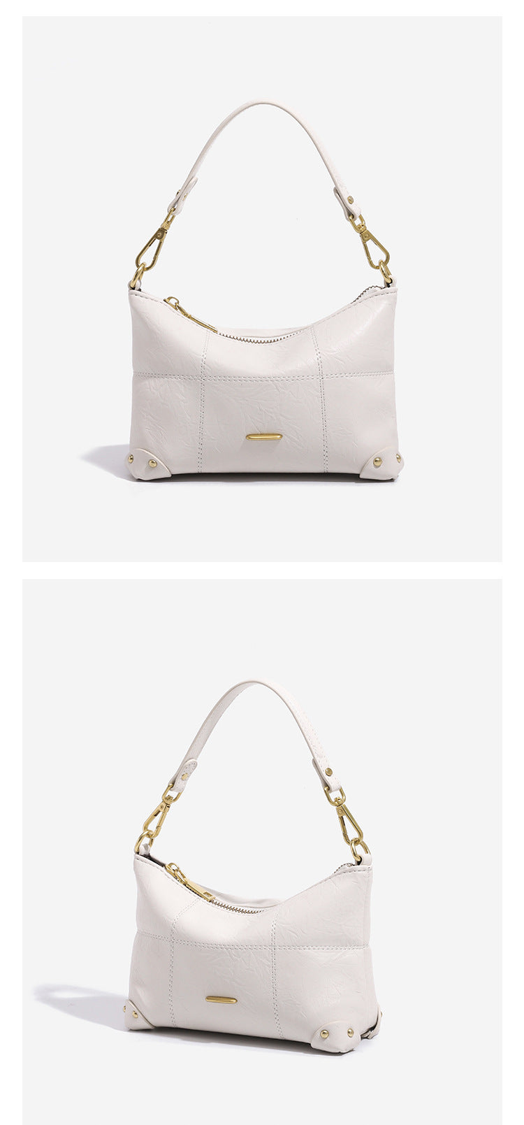 Small soft-structured shoulder bag with curved zip closure, stitched panel detailing, and gold-tone hardware, detail view 11