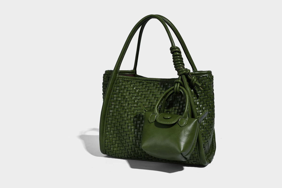 Woven texture open-top tote bag with smooth trim top handles and attached mini drawstring pouch in dark brown, detail view 25