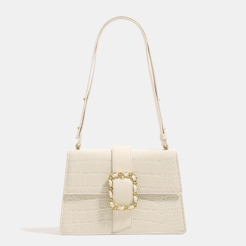 Structured crocodile-embossed flap shoulder bag with gold chain buckle hardware and adjustable strap, detail view 7