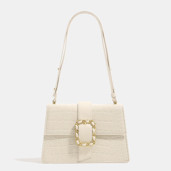 Structured crocodile-embossed flap shoulder bag with gold chain buckle hardware and adjustable strap, detail view 7